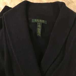 XL, LRL sweater dress, Navy & leather, shawl neck.