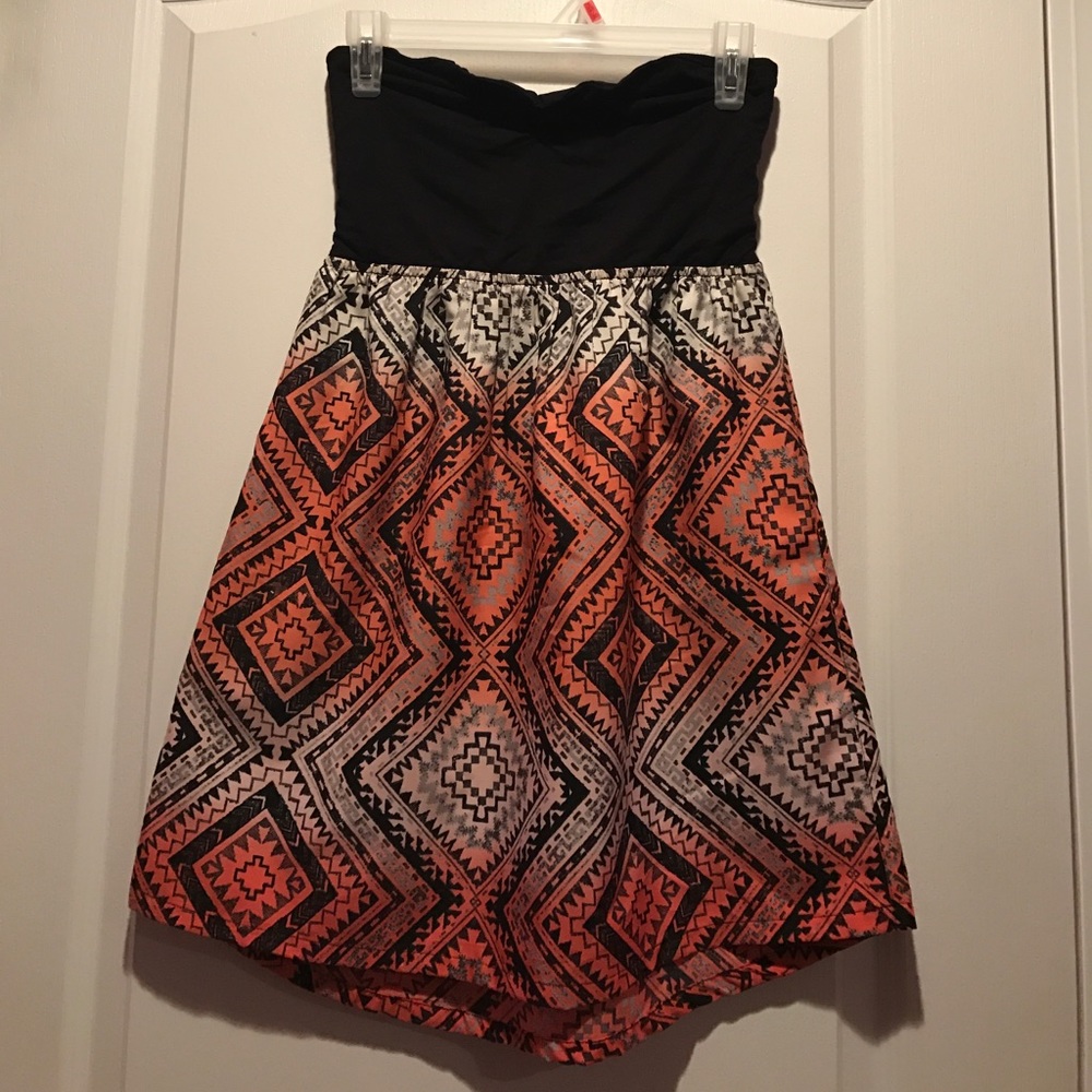 Black, orange and white Aztec strapless dress