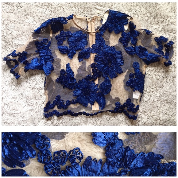 fashion wild cat Tops - Sz Large Cobalt Blue Sheer Mesh Crop Blouse Top