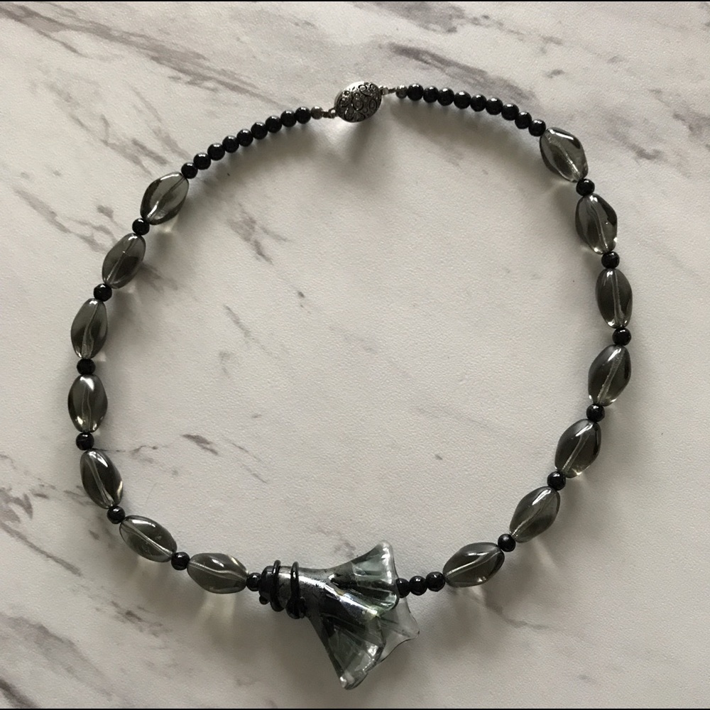 Handmade glass bead and flower necklace
