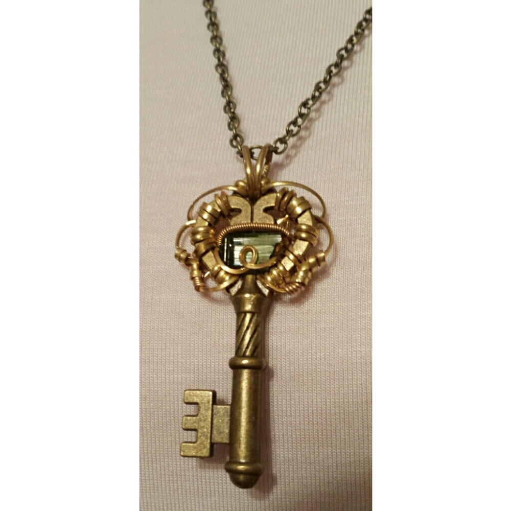 Handmade Brass Key Pendant w Green Tourmaline NIB