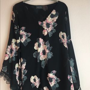 Black Floral Bell Sleeve Dress
