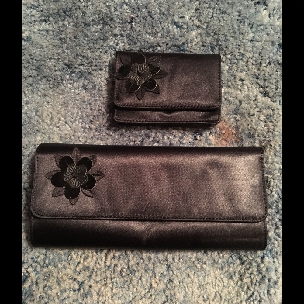 Matching Black Flower Clutch and Change Wallet