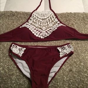 Halter 2 piece maroon colored suit w/white lace