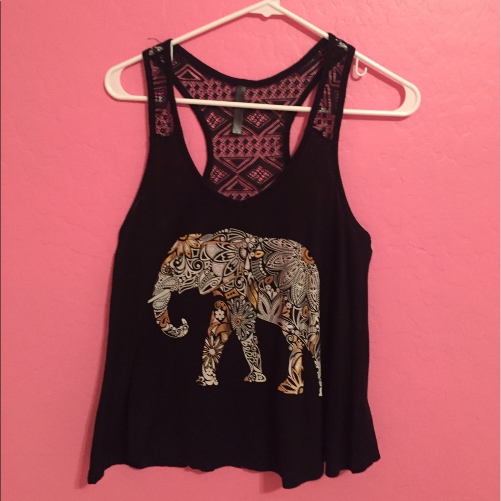 Black muscle tee with elephant and sheer back