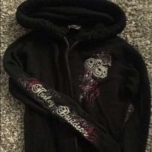 Zip front Harley hoodie with fuzzy trim hood