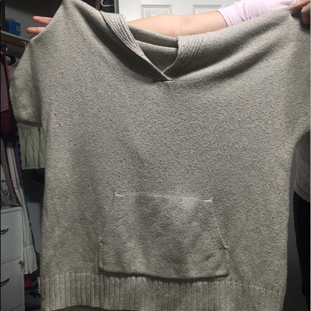 Cream colored short sleeve hooded sweater