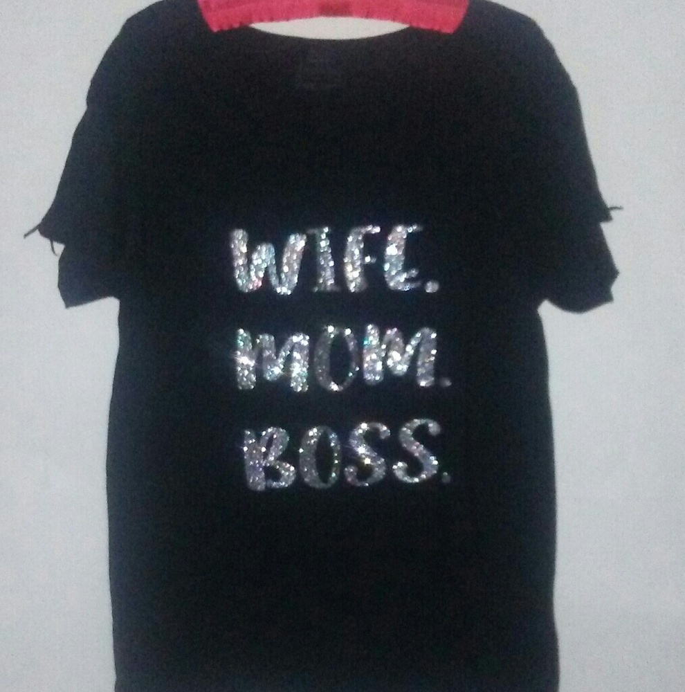 Black glitter "wife mom boss" print T-shirt