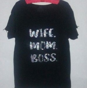 Black glitter "wife mom boss" print T-shirt