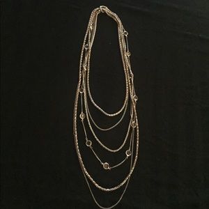 Silver Multiple Chain Necklace with Crystals