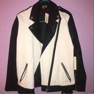 Black and white moto leather jacket
