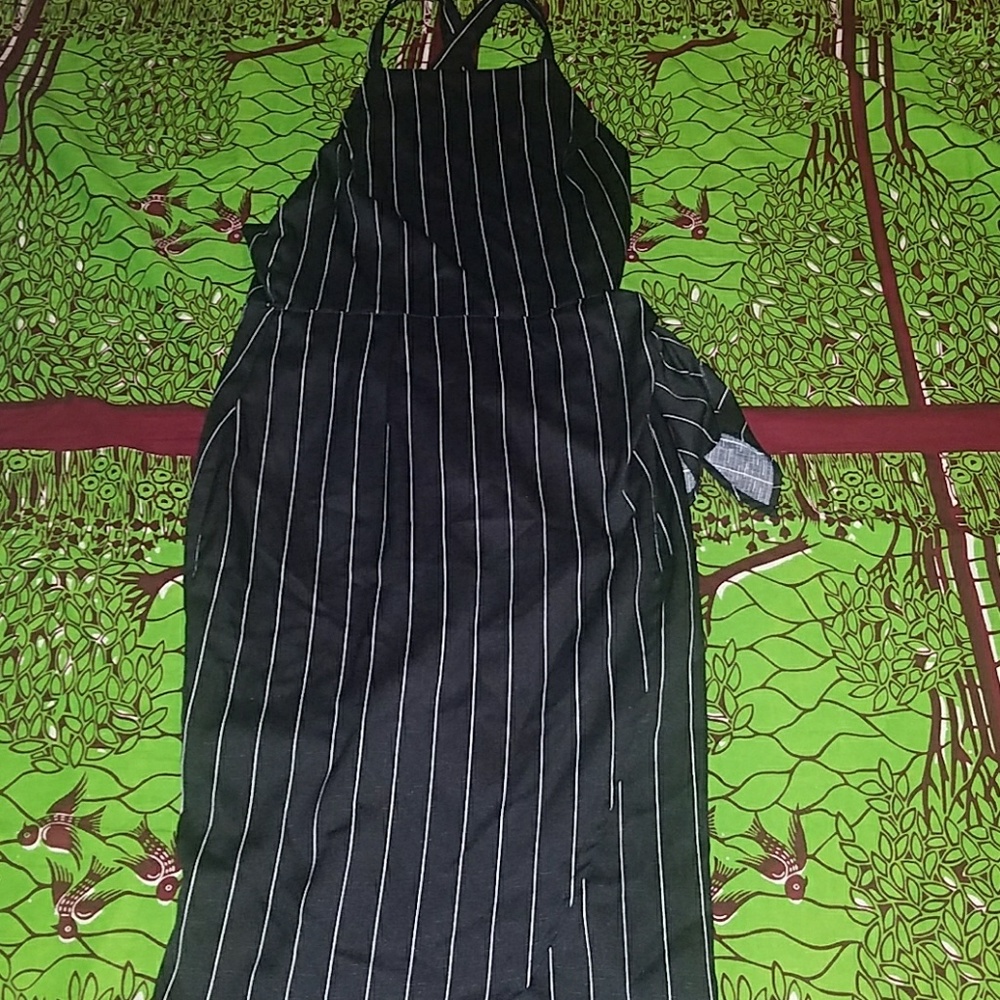 Black and white pinstripe wrap dress