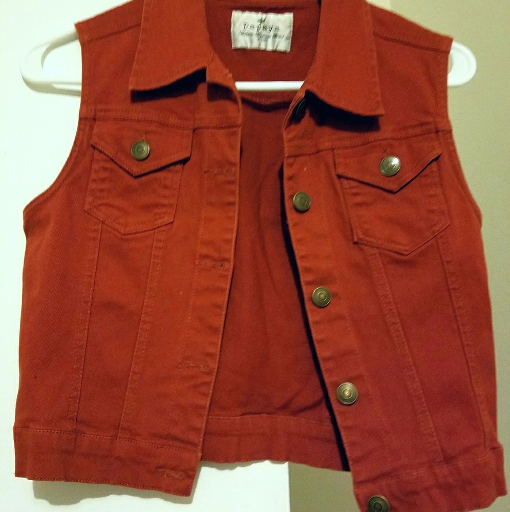 Denim orange maroon vest