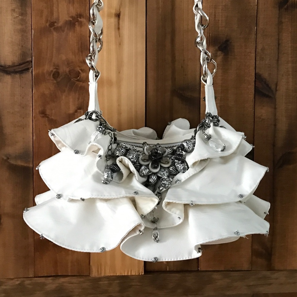 Mary Frances purse handbag white ruffles bling