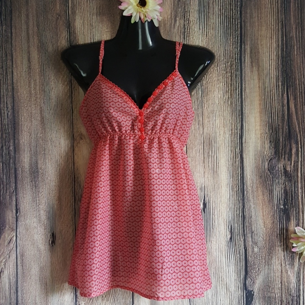 Boho hippi Red white baby doll sheer blouse L