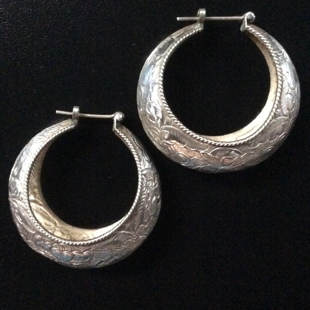 Artisan Crafted | Large Silver Etched Hoops
