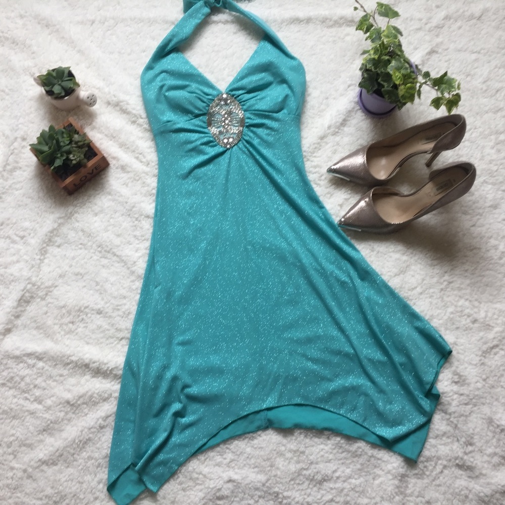 Halter shimmer dress, asymmetrical cut