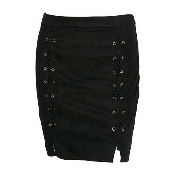Sexy Vegan Suede Leather Lace Up Black Mini Skirt - Picture 4 of 8