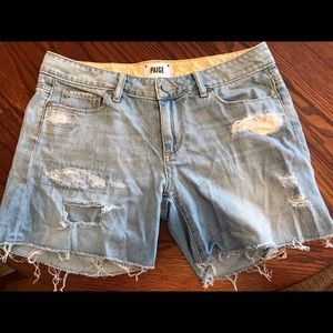 Paige Light Wash Denim Distressed Shorts