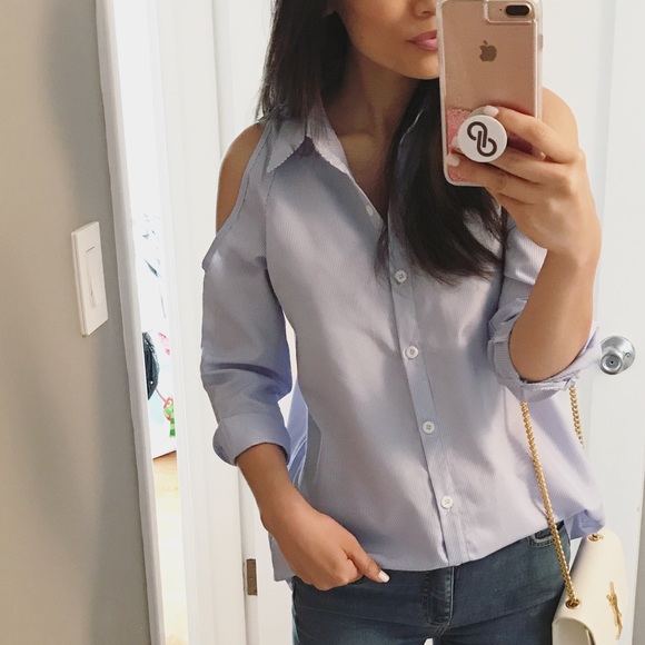 Pinstriped Cold Shoulder Blouse - Picture 2 of 3