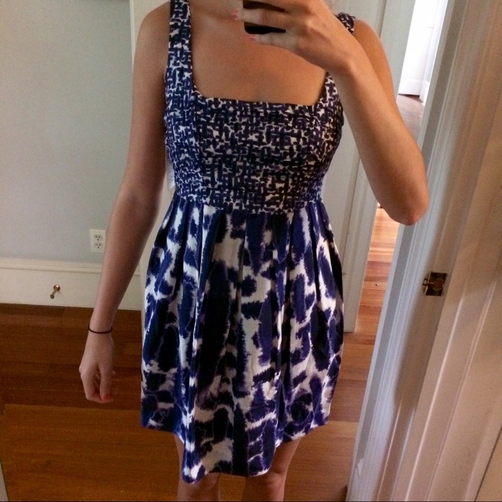 Blue and white silk printed dress