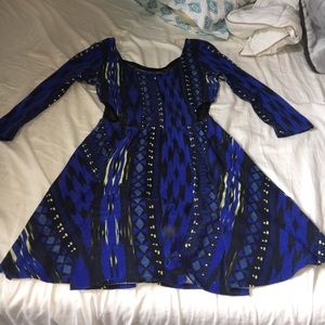 Patterned blue dress, mesh sides,