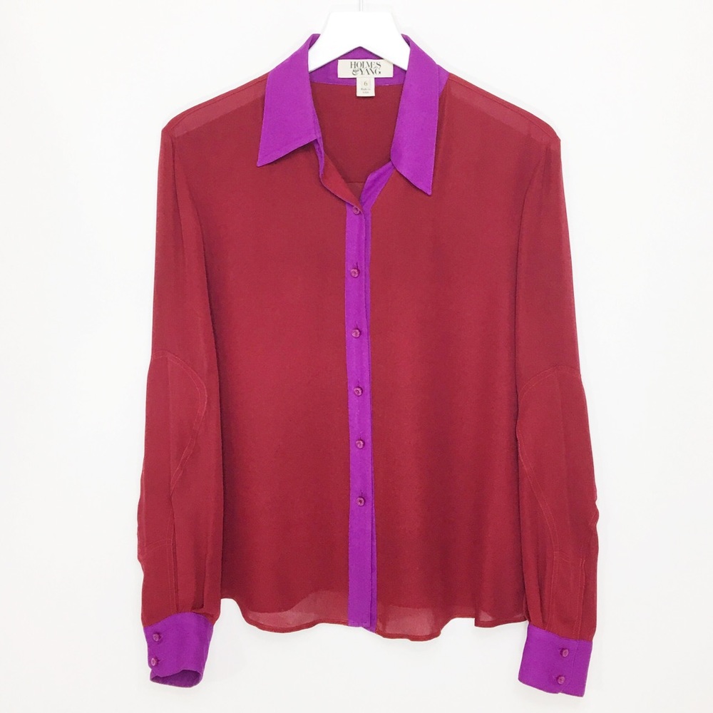NWOT Holmes&Yang 100% Silk Button Up Blouse Purple