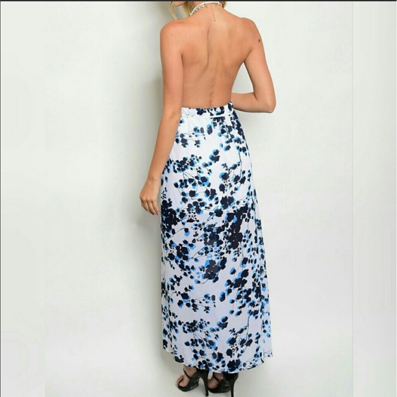 Backless Halter Maxi Dress Blue White Sexy Boho - Picture 3 of 4