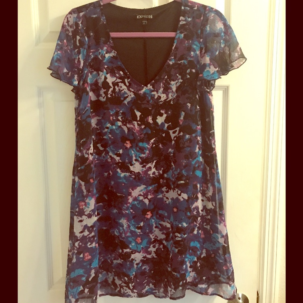 Express mini shift dress with sheer sleeves