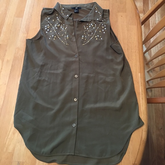 H&M Tops Khaki Green And Rhinestone Sleeveless Blouse Poshmark