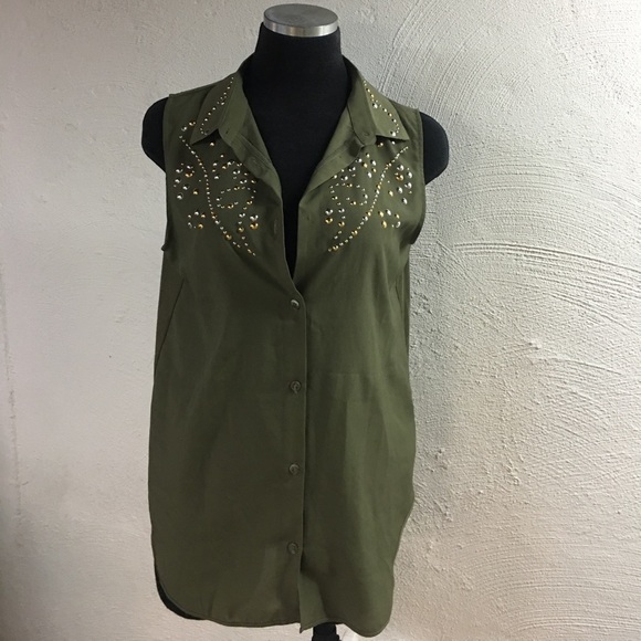 H&M Tops Khaki Green And Rhinestone Sleeveless Blouse Poshmark