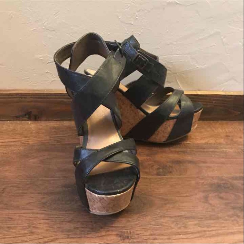 Black strappy cork wedges