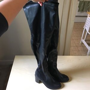 Black Flax Leather Thigh High Boots