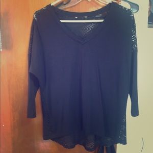 Solid Black 3/4 Sleeve Top with Crochet Back