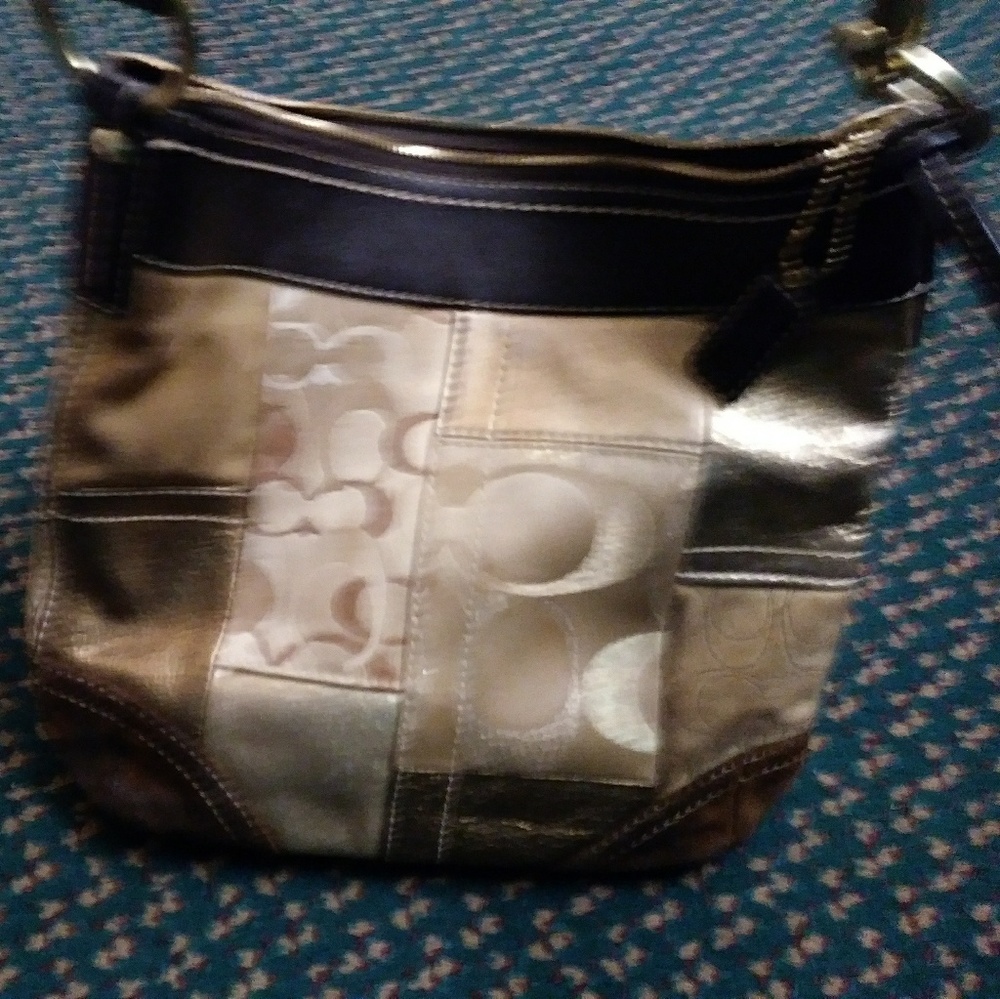 Gold tan and dark brown big c print coach bag