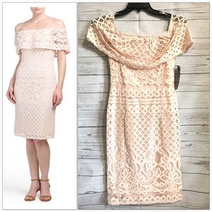 SHARAGANO Off The Shoulder Party Blush Lace Dress