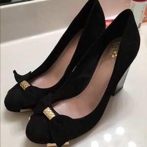 Vince Camuto black velvet heel with gold accents