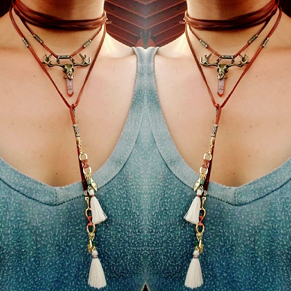 "Solar Sashay"🌵Crystal Stag Skull Wrap Choker