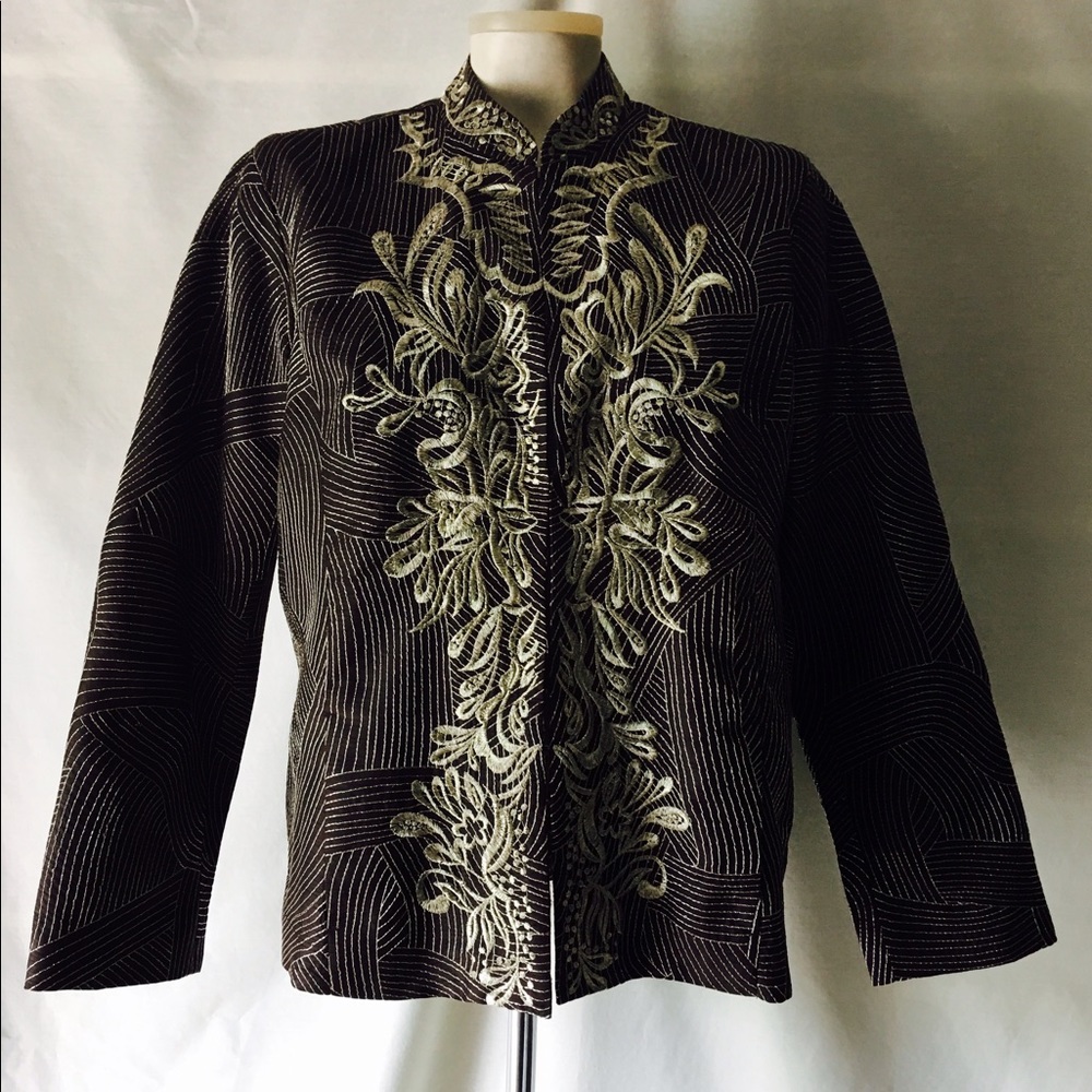 Chico's Size 2 Brown & Metallic Embroidery Jacket