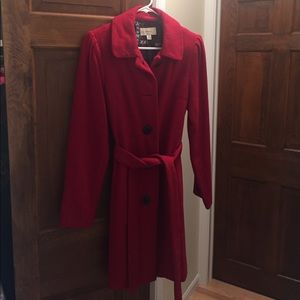 Bright red wool long pea coat