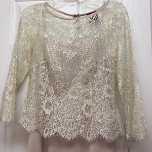 Ladies beige formal lace top dress long. Size 8P