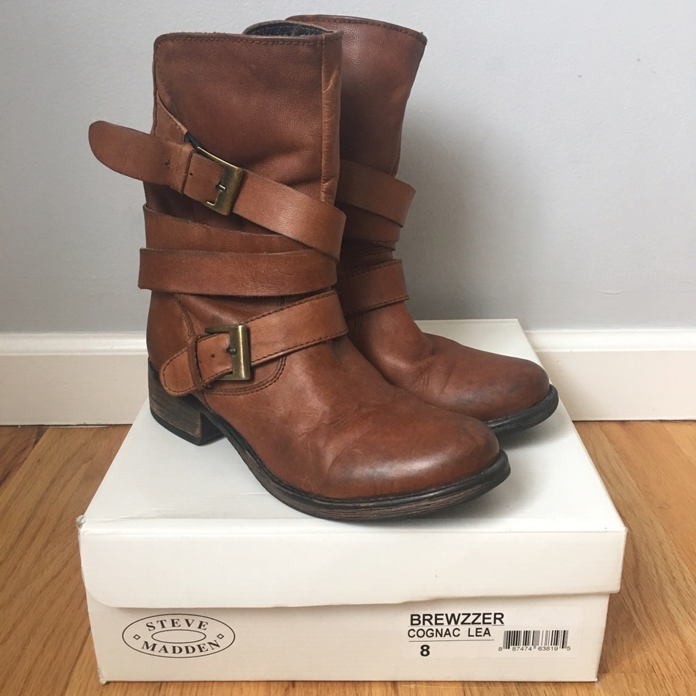 Cognac Steve Madden Genuine Leather Mid-Calf Boots