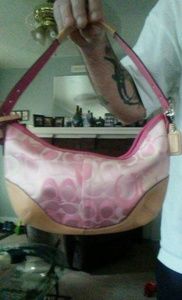 pink with brown trim hobo coach bag