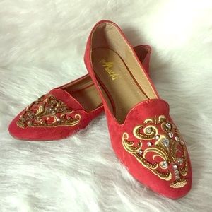 Machi Mod Cloth Ballet Flats 7.5 Red Rhinestone