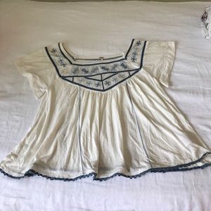 Free People Cream with Blue Embroidery Top