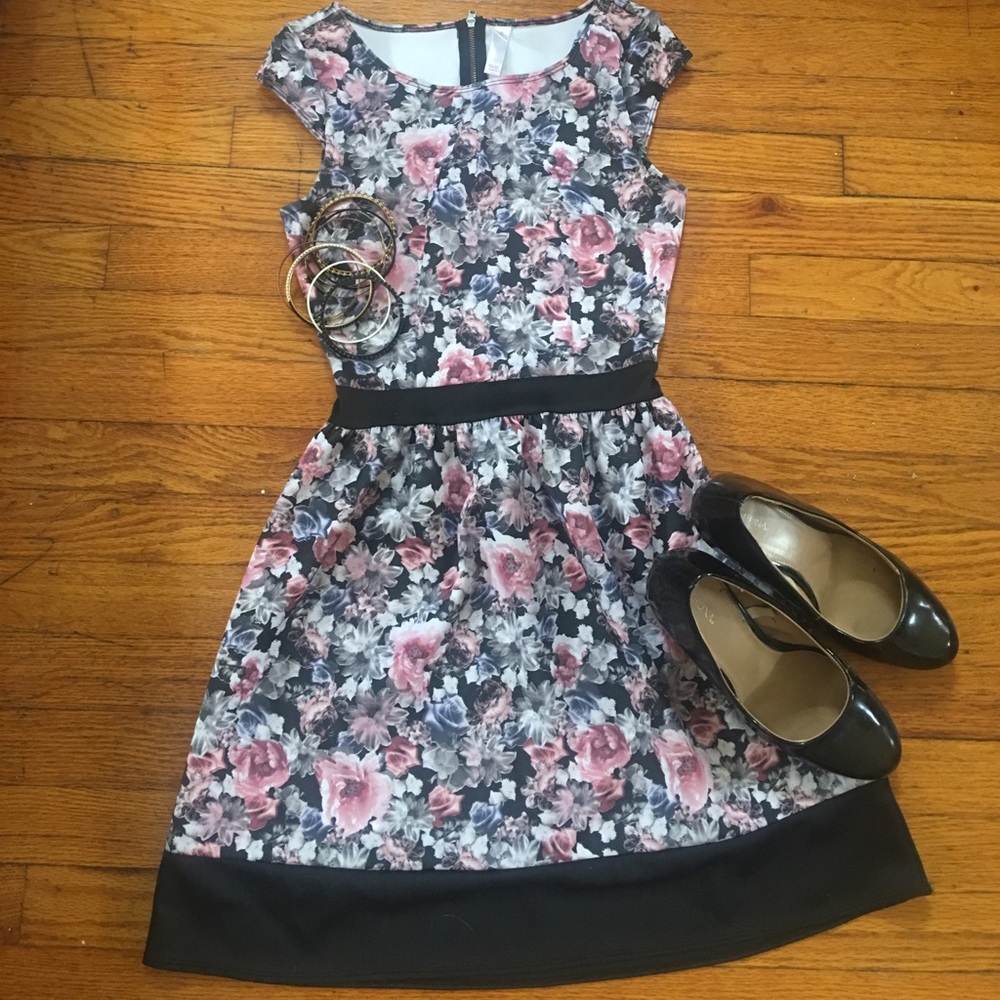 XS Floral Black Fit and Flare Dress