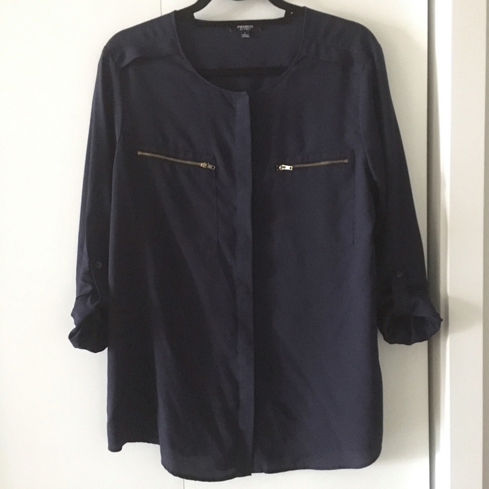 Premise navy blouse button roll-tab sleeve large