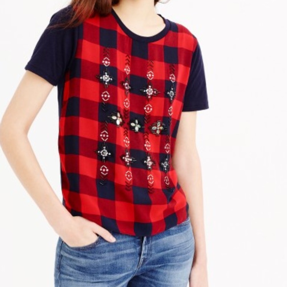 J.Crew Embellished Tartan TShirt Plaid 100% Cotton