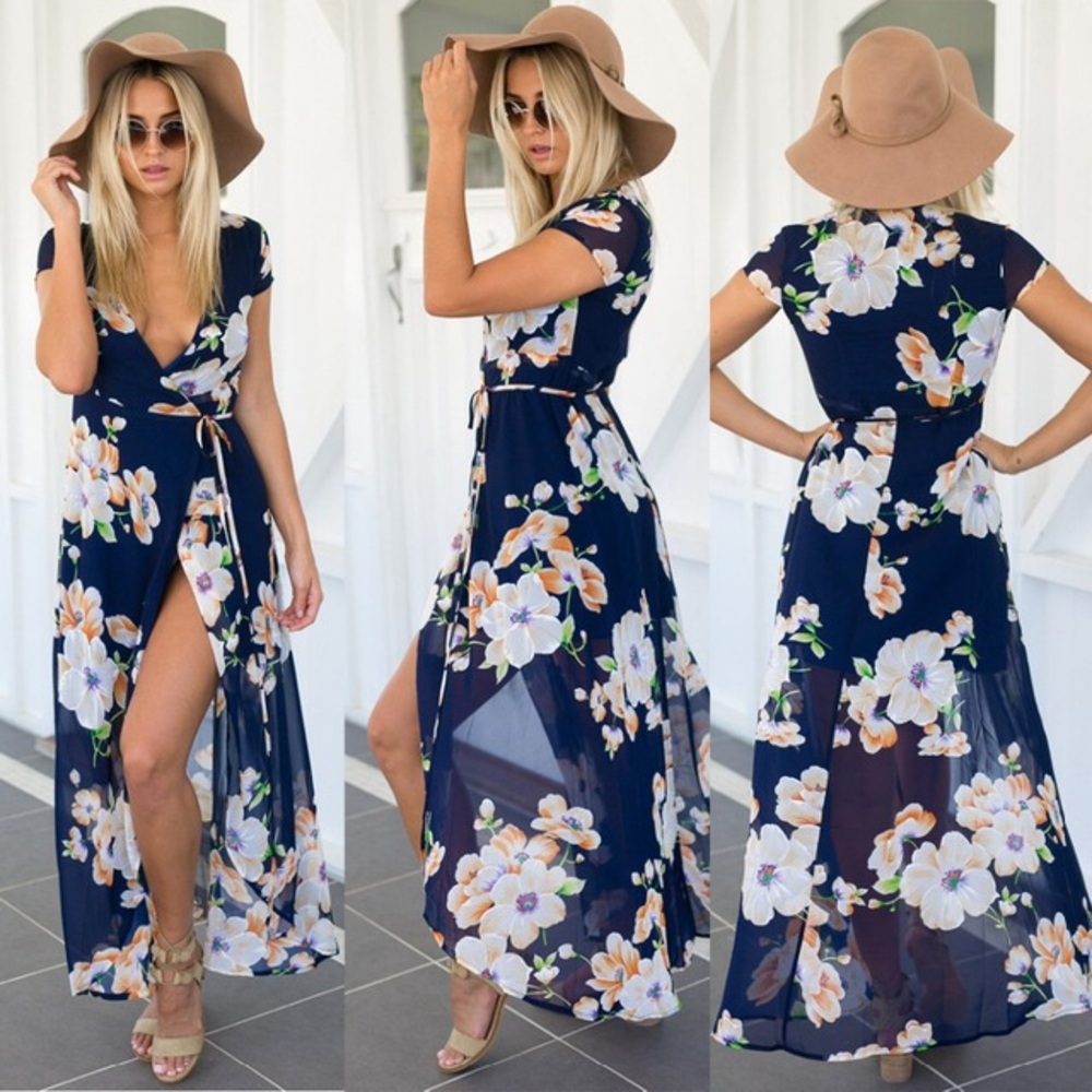 ⚜"Catalina" Floral Chiffon Maxi Wrap Dress⚜ - Picture 1 of 8