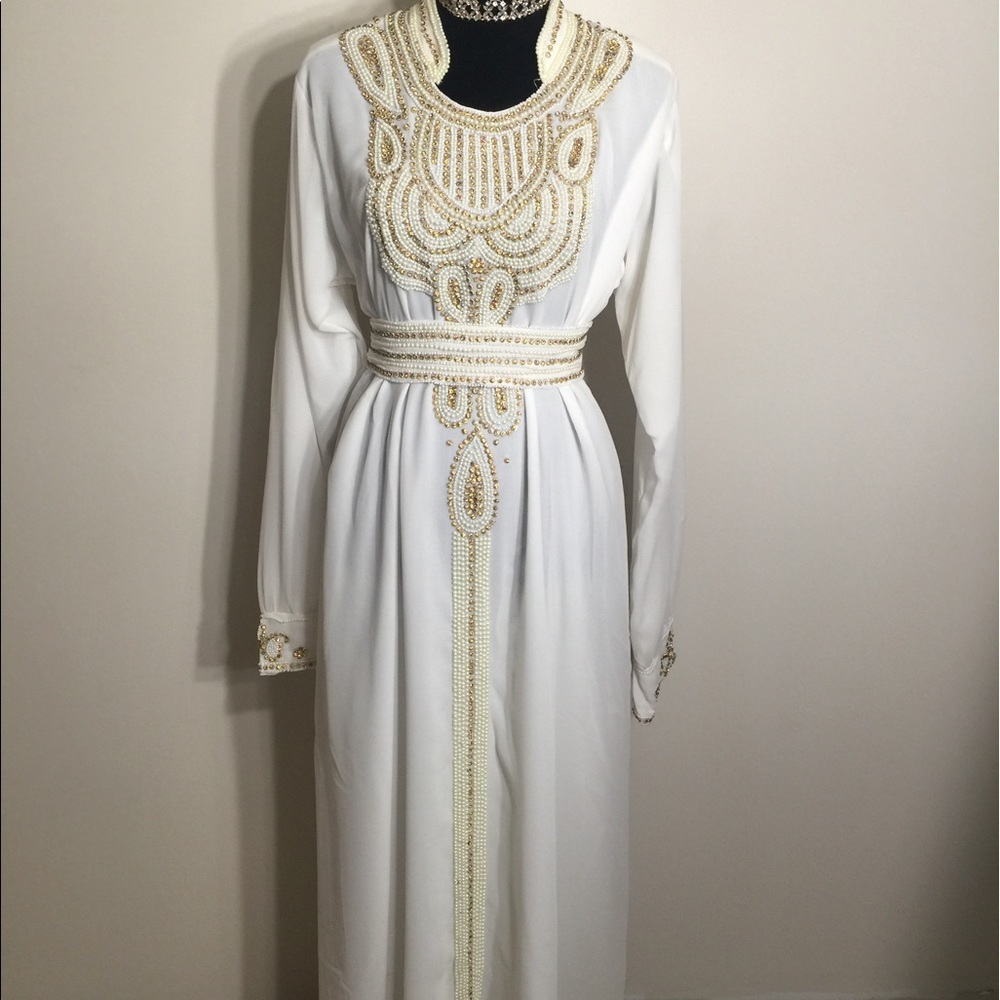 Beaded White Kaftan Caftan Dress Evening